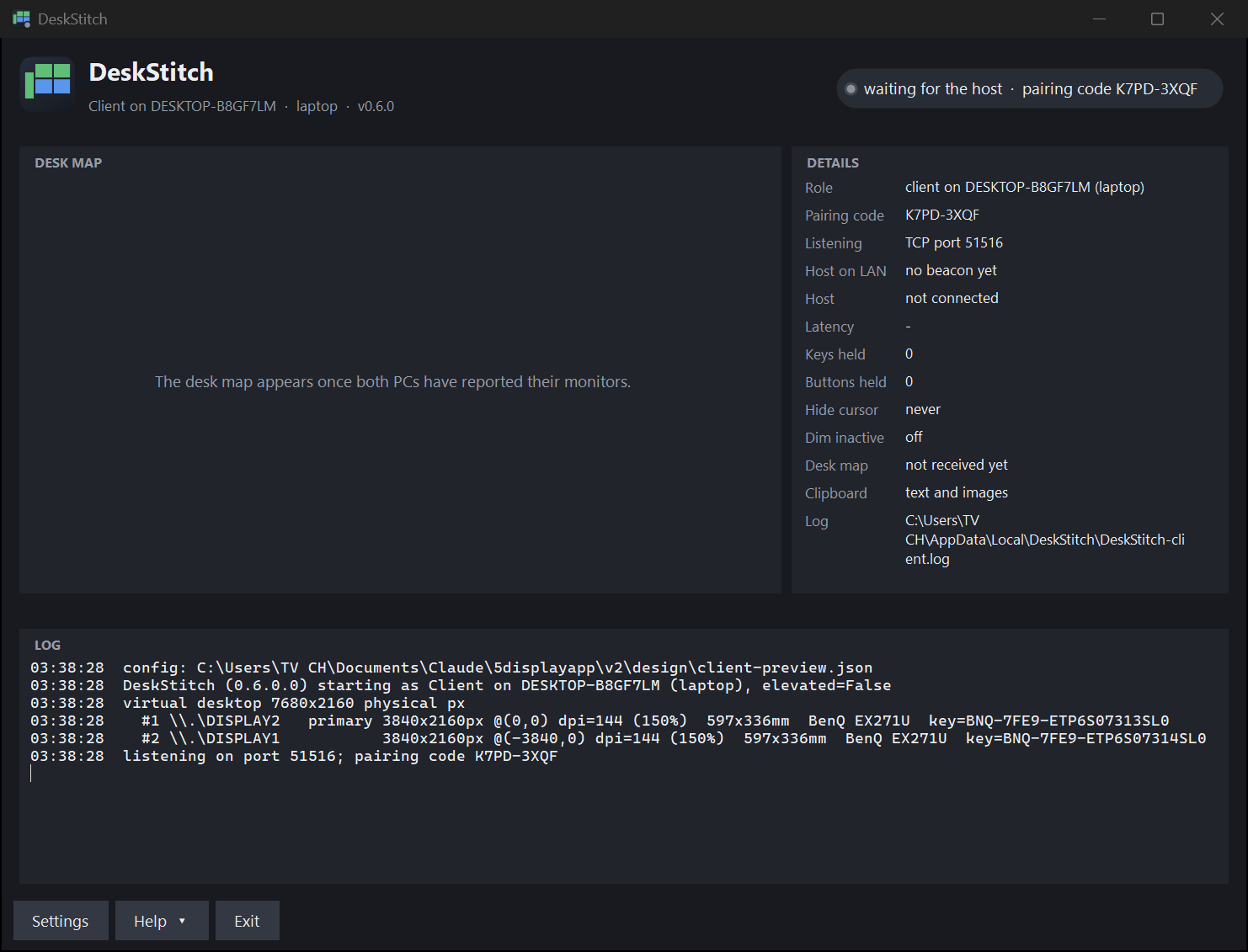 The client window showing its pairing code