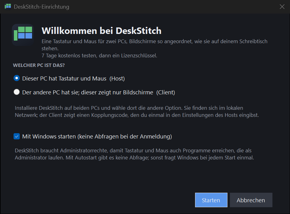 Der Einrichtungsassistent fragt, welcher PC das ist