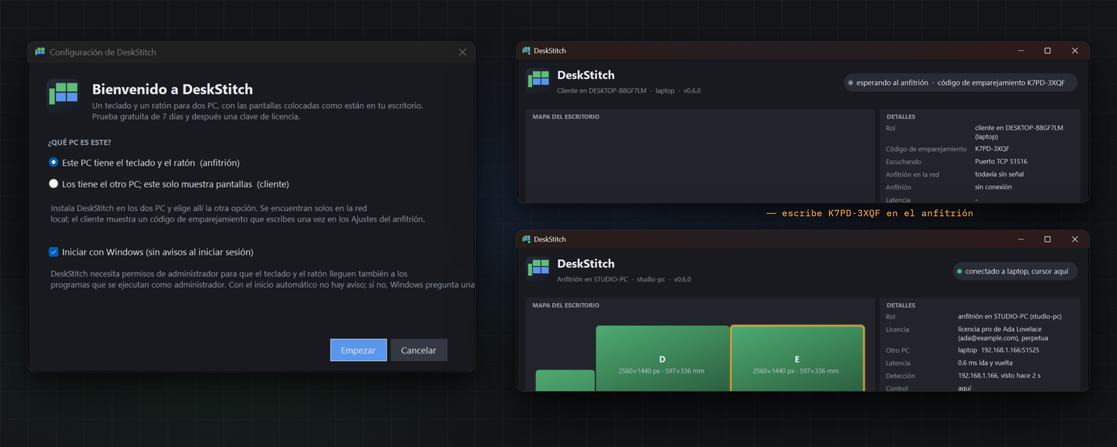 Asistente de configuración, el cliente mostrando su código de emparejamiento y el anfitrión conectado