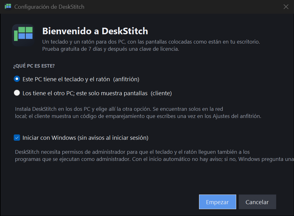 El asistente de configuración preguntando qué PC es este