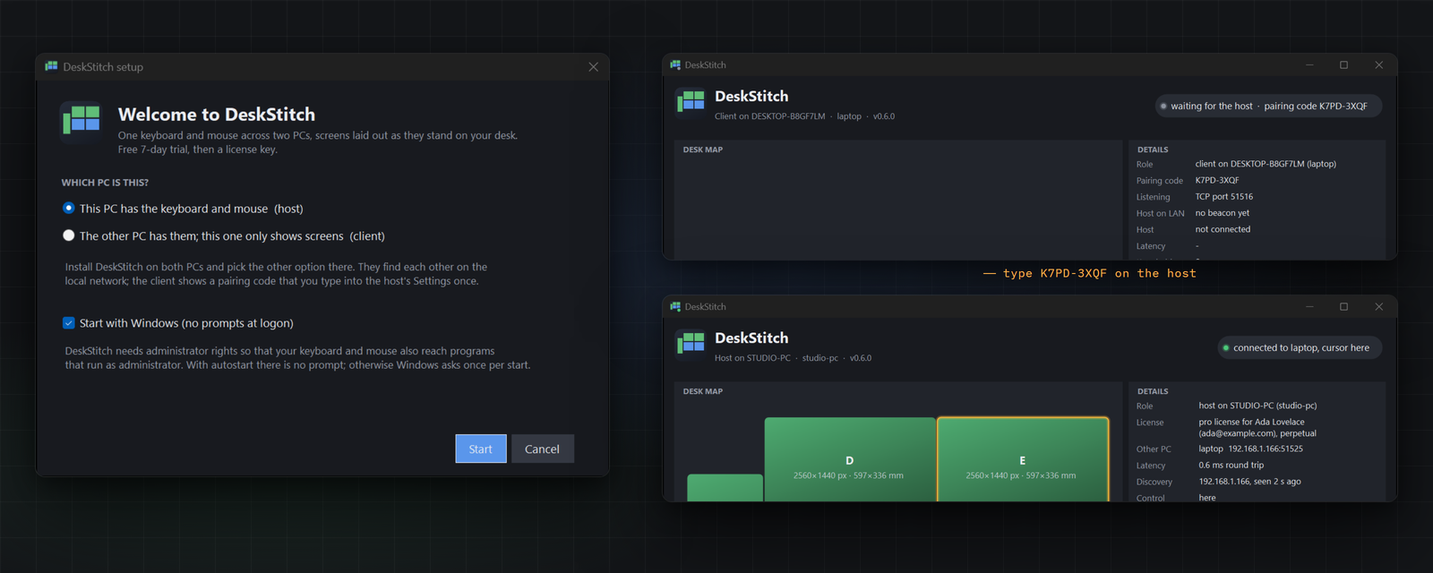 Setup wizard, the client showing its pairing code, and the host connected