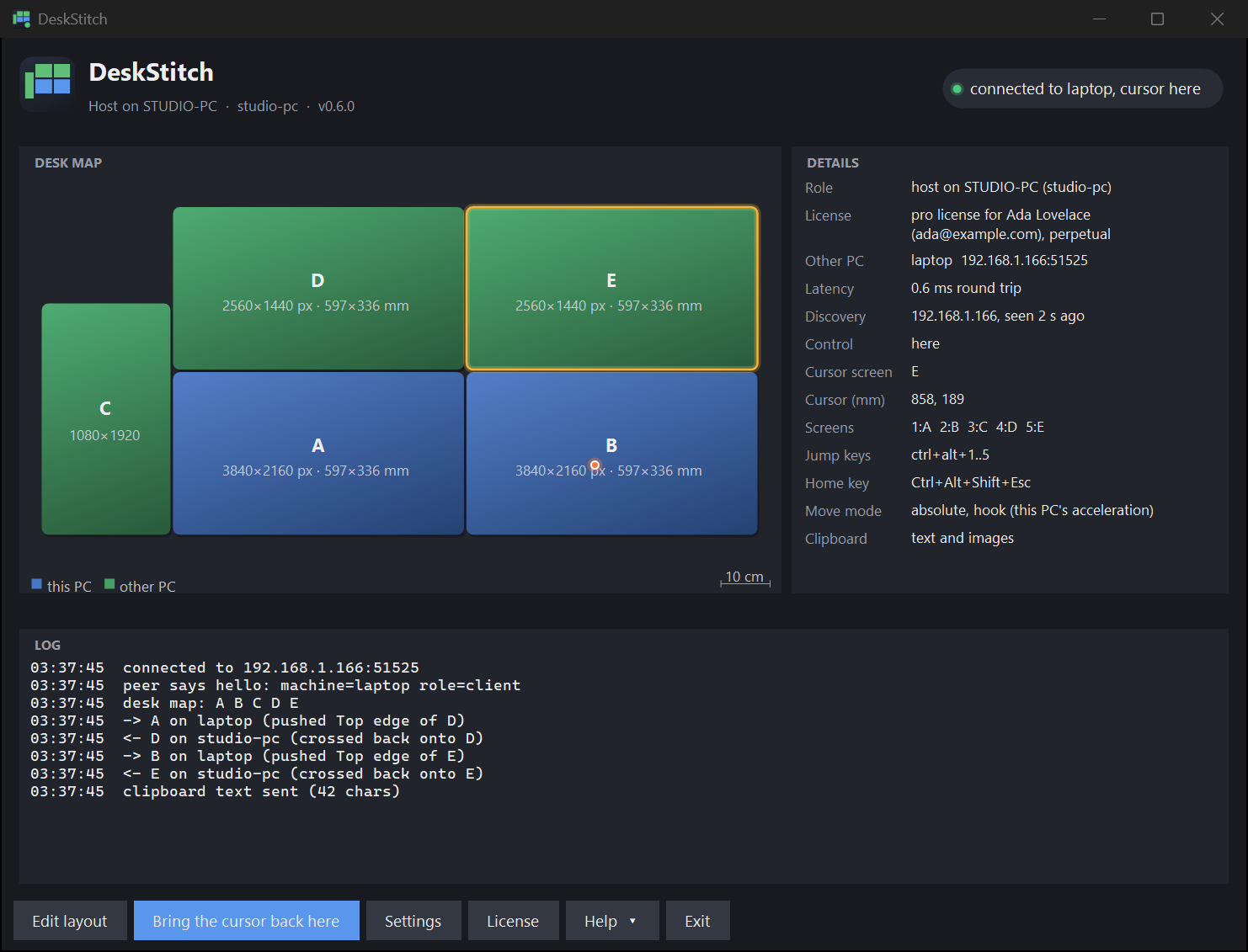The host status window with the desk map