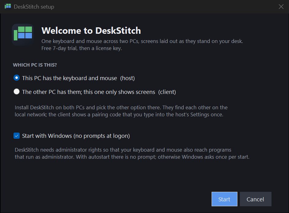 The setup wizard asking which PC this is